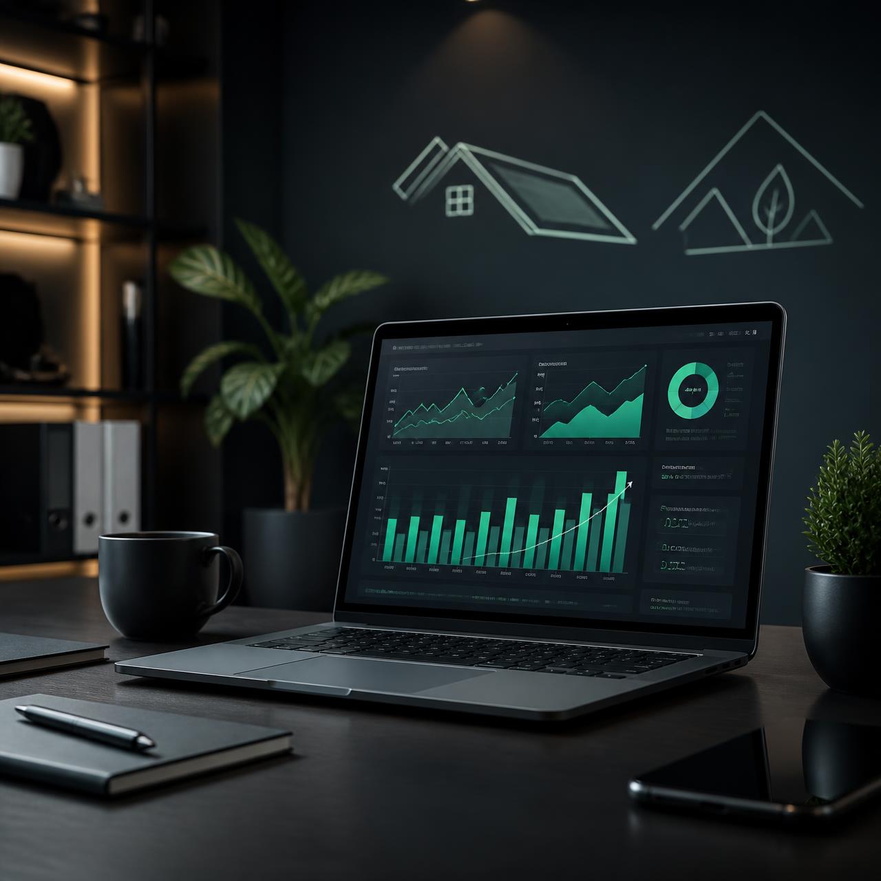 Marketing workspace with SEO analytics dashboard showing growth metrics for roofing and landscaping businesses