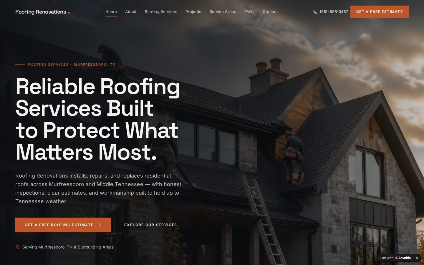 Homepage banner of the Roofing Renovations website