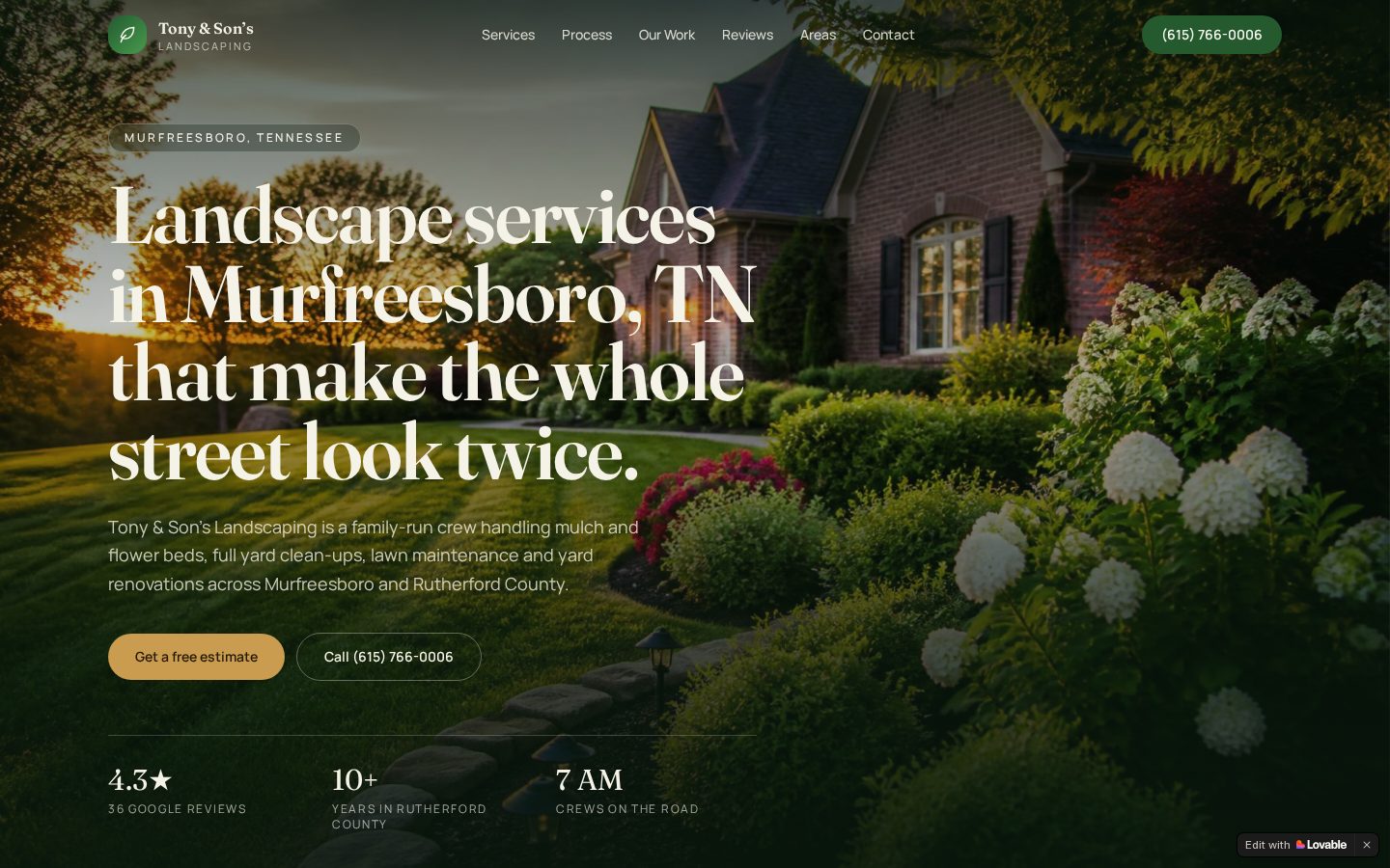 Homepage banner of the Tony & Son's landscaping website